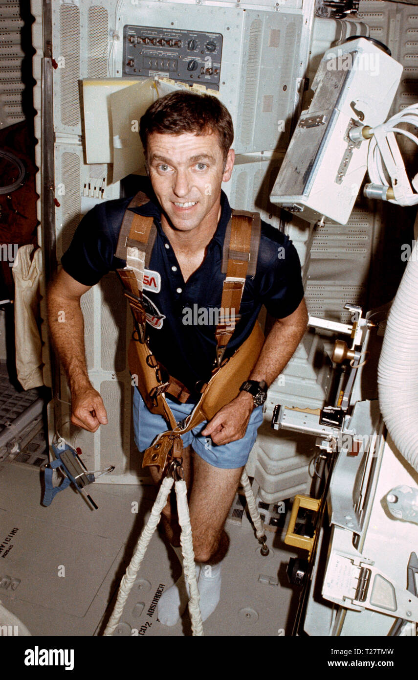 (12-14 Nov 1981) --- Astronaut Joe H. Engle, STS-2 commander, enjoys a rare in-space exercise session on a device called a treadmill, which is specially designed for astronauts in zero gravity. Stock Photo
