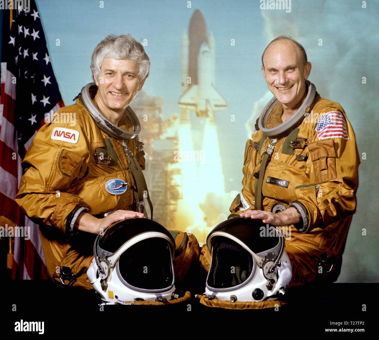 (1 May 1982) --- These two astronauts will man the space shuttle Columbia for NASA's fourth and final (STS-4) orbital flight test. Thomas K. (Ken) Mattingly II, right, is crew commander. Henry W. Hartsfield Jr., is pilot. Stock Photo
