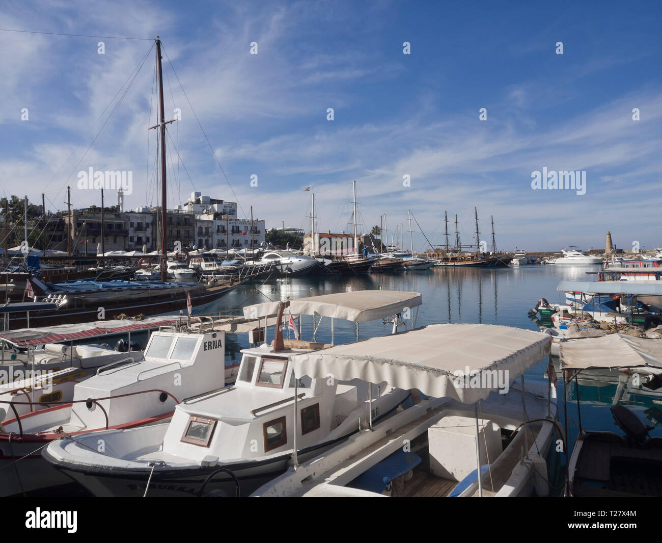 The harbour area in the old town of Kyrenia ( Girne ) Cyprus has a well sheltered marina, countless restaurants and a popular promenade Stock Photo