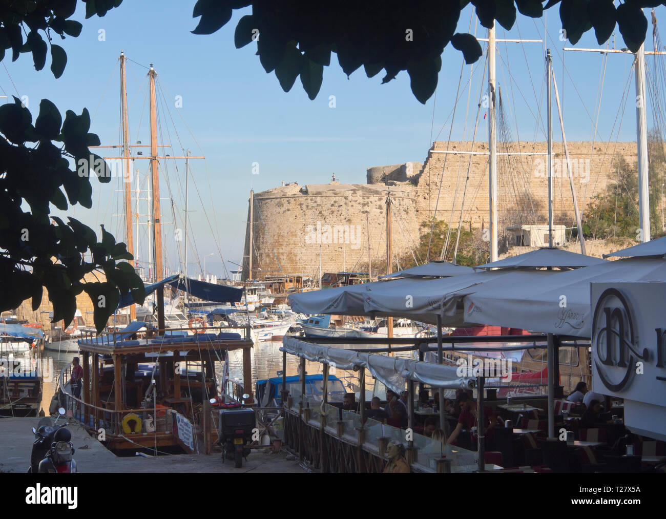 The harbour area in the old town of Kyrenia ( Girne ) Cyprus has a well sheltered marina, restaurants views of the old castle Stock Photo