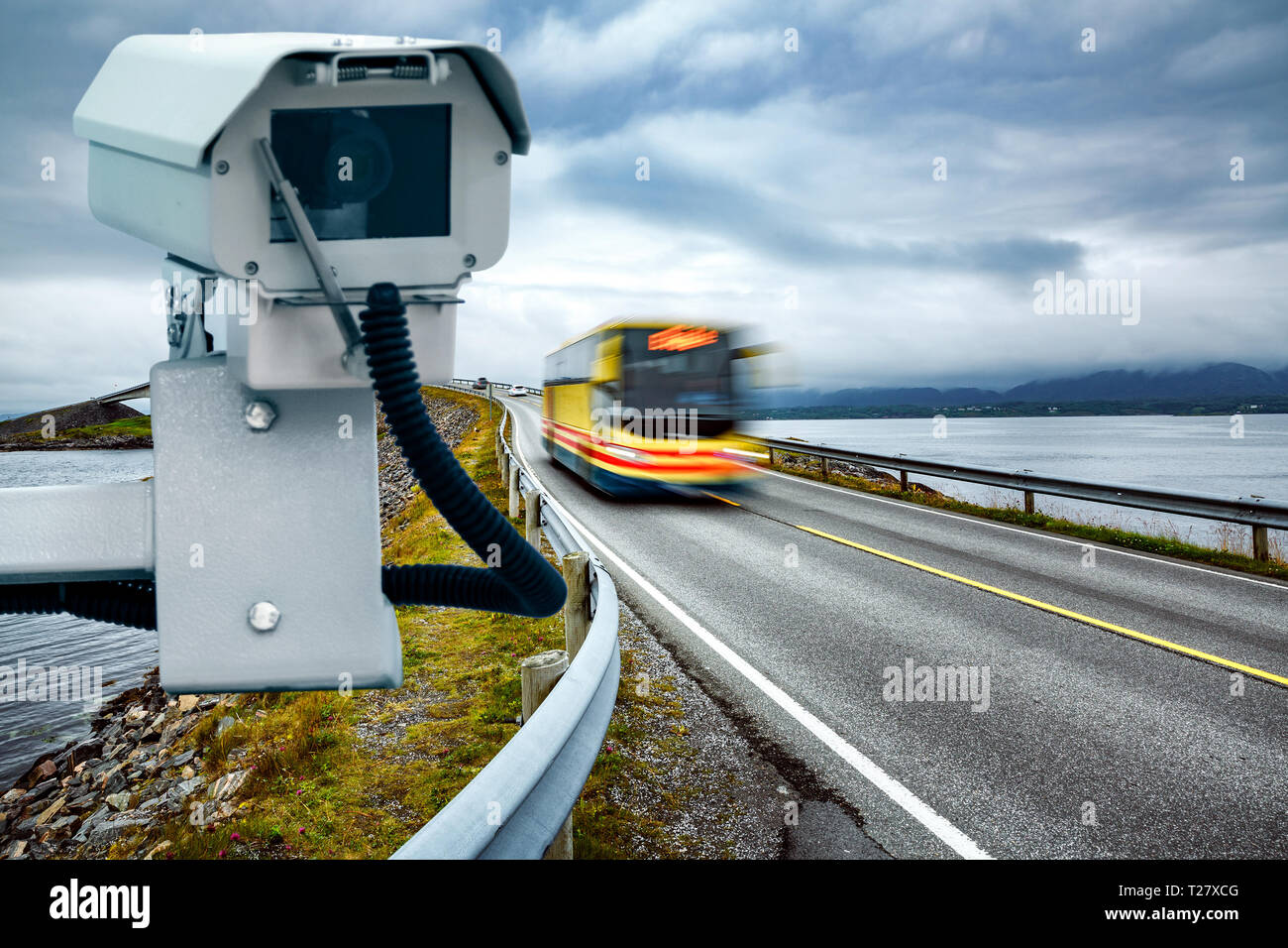 Radar speed control camera on the road Stock Photo