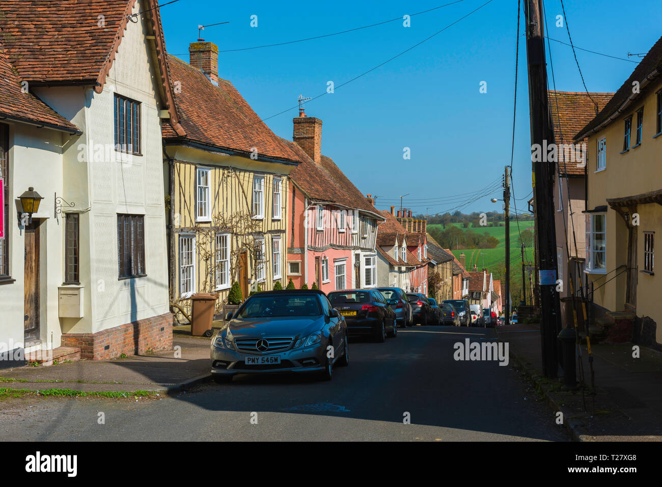 Lavenham Suffolk property, view in summer of medieval era houses sited