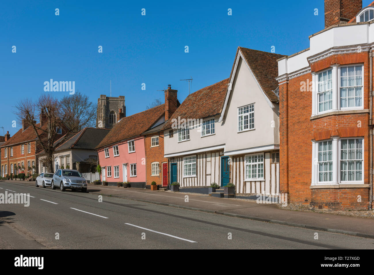 Lavenham Suffolk, view in summer of historic buildings lining the south