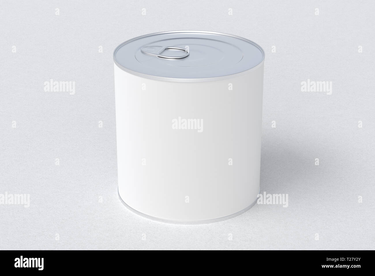 Blank white tin can food container with easy open pull ring on white background Stock Photo