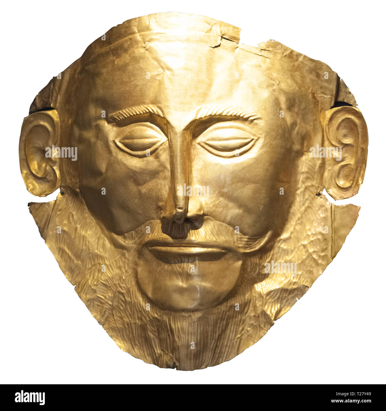 Mask of Agamemnon - gold funeral mask from ancient Greek site of Mycenae on white backgrouns Stock Photo