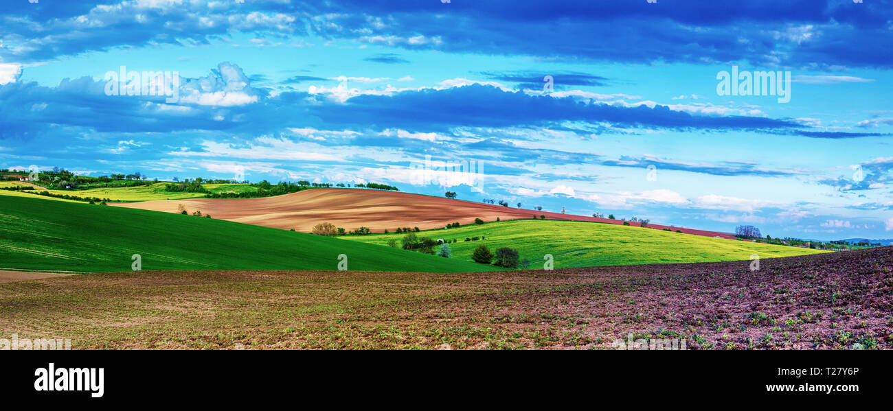 Rural landscape with fields, waves and blue sky with clouds, spring ...