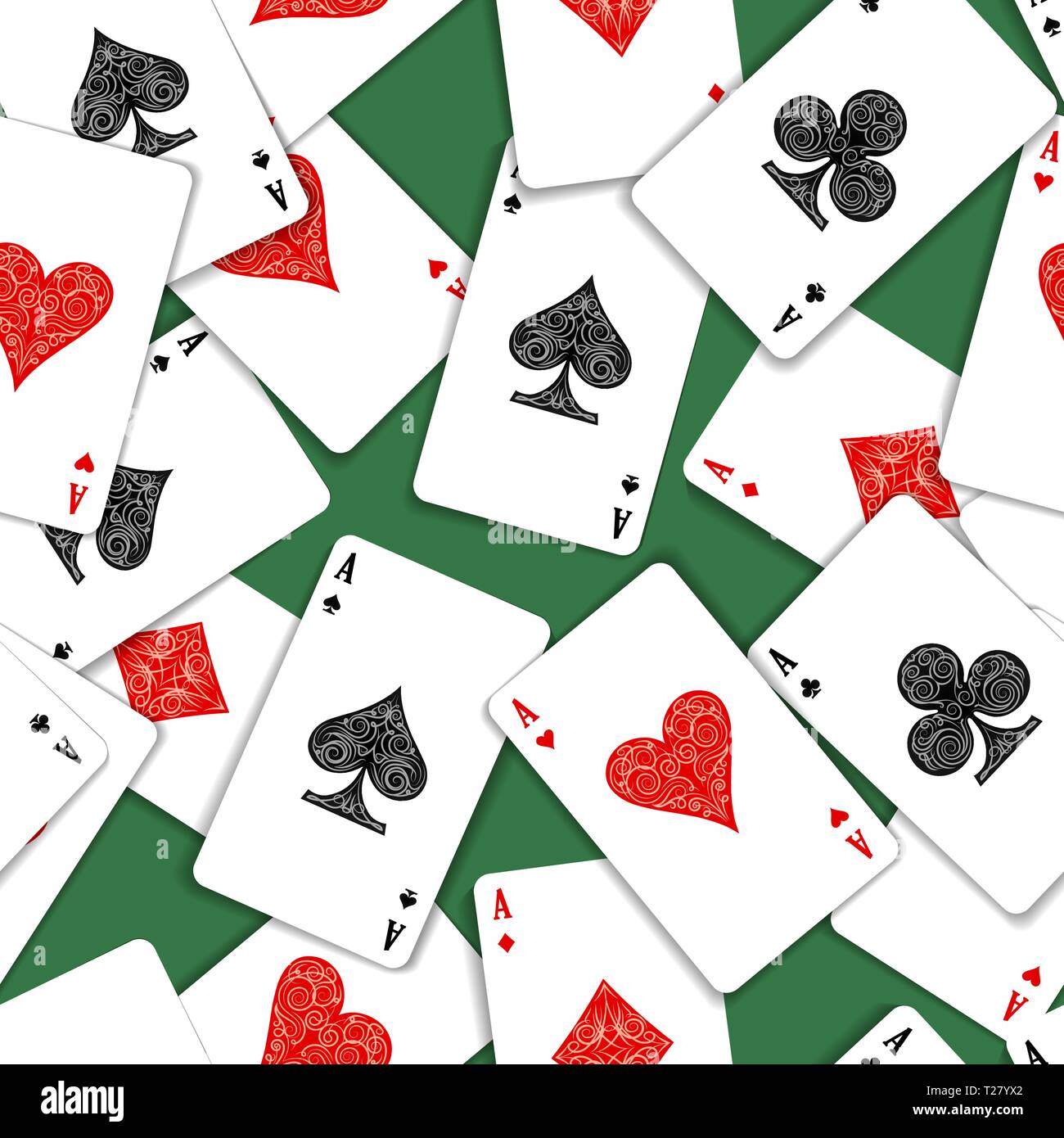 Aces Playing Cards on Green green Casino Table seamless Pattern. Vector illustration. Stock Vector