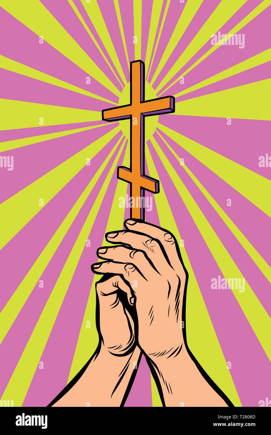 Christian Orthodox cross in the light, the hands of the believer Stock Vector