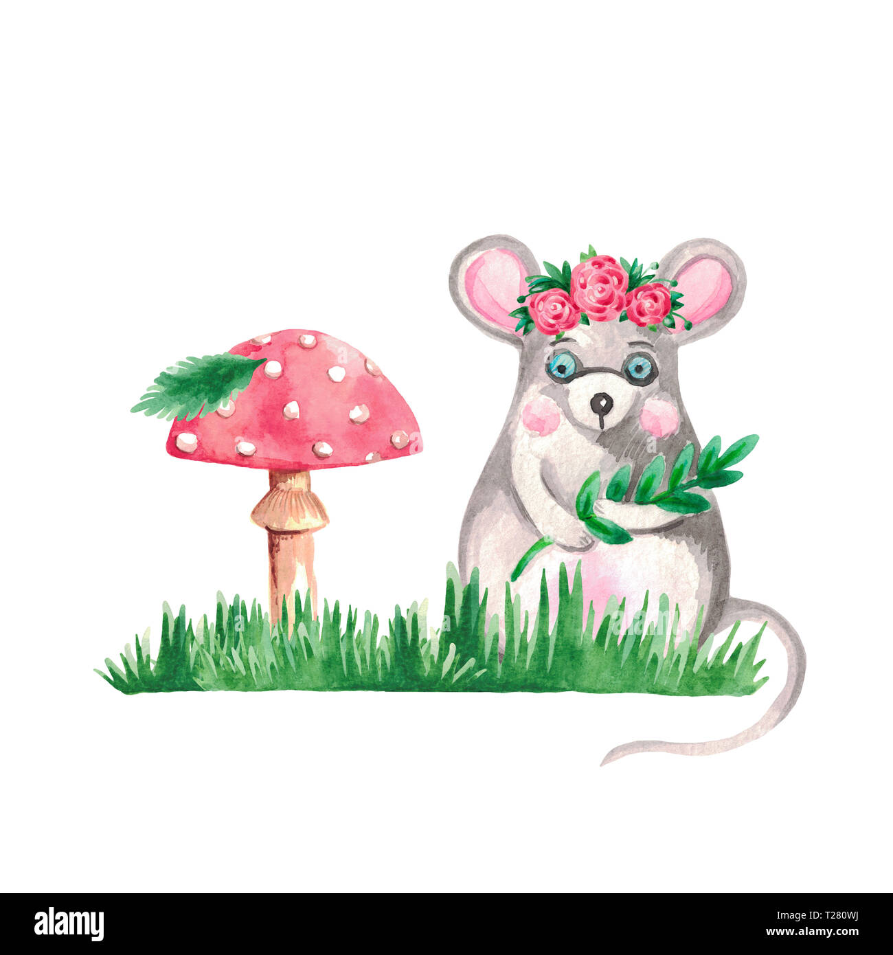Watercolour illustration of a grey mouse a green grass mushroom nature ...