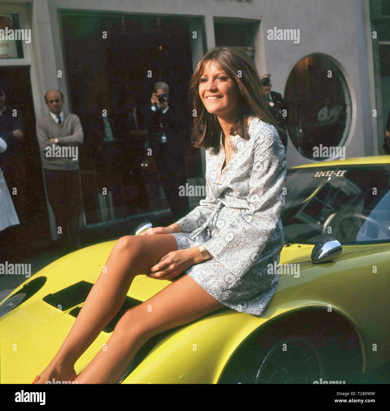 SANDIE SHAW UK pop singer poses on a Lamborghini Miura at the opening of her fashion boutique in Great Tichfield Street, London, on 27 September 1967. Photo: Tony Gale Stock Photo