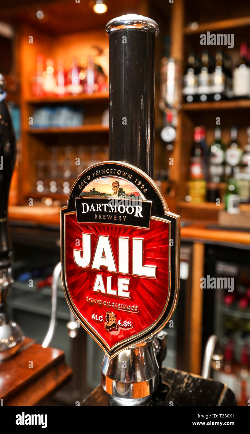 Darmoor Brewery Jail Ale beer pump in a Devon pub Stock Photo