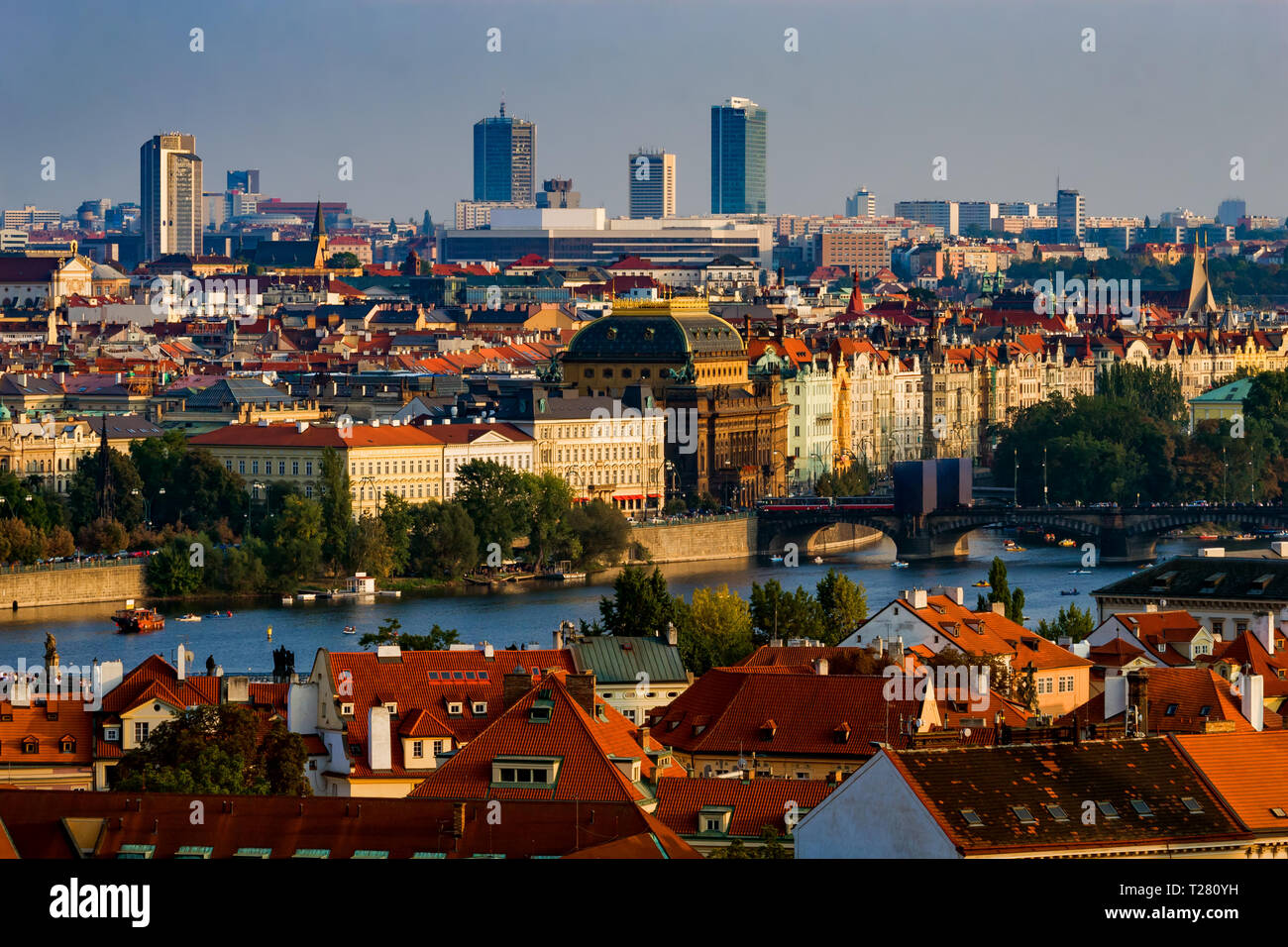 Prague sunset cityscape in Czechia (Czech Republic), capital city historical centre along Vltava river Stock Photo