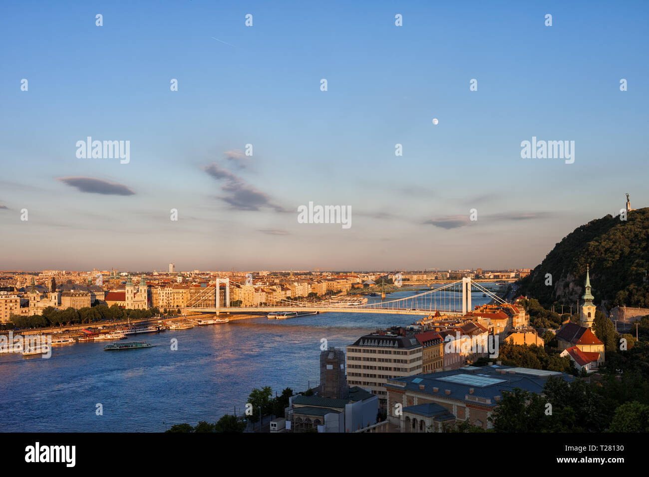 Budapest at sunset, capital city of Hungary, cityscape with Danube river and Elizabeth Bridge, view from above. Stock Photo