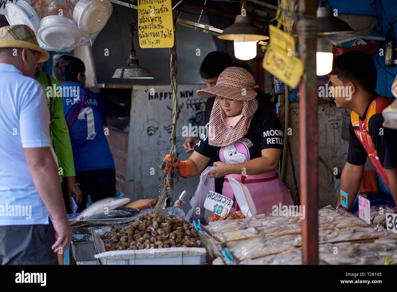 Thailand food market vendor. Thai seafood market, Pattaya, Thailand, Southeast Asia Stock Photo