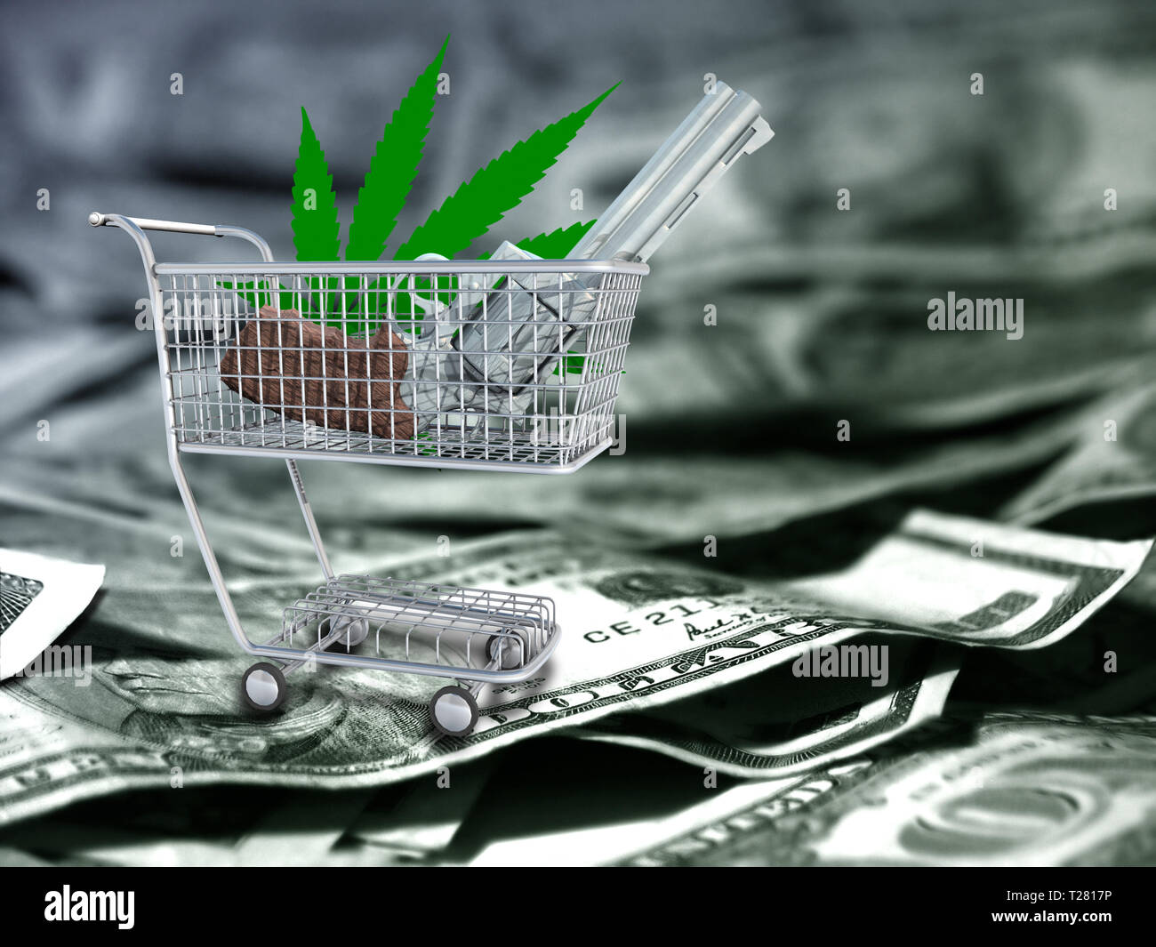 World Trade. Marijuana leaf and gun in a cart. US dollars Stock Photo Alamy