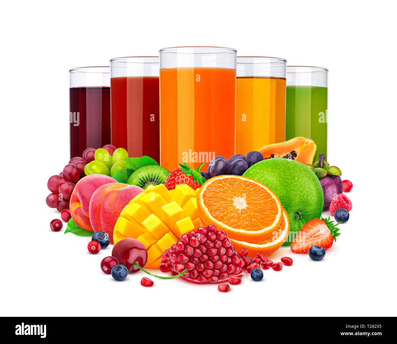 Glasses of different juice and pile of fruits and berries isolated on white background, collection of fresh and healthy drinks Stock Photo
