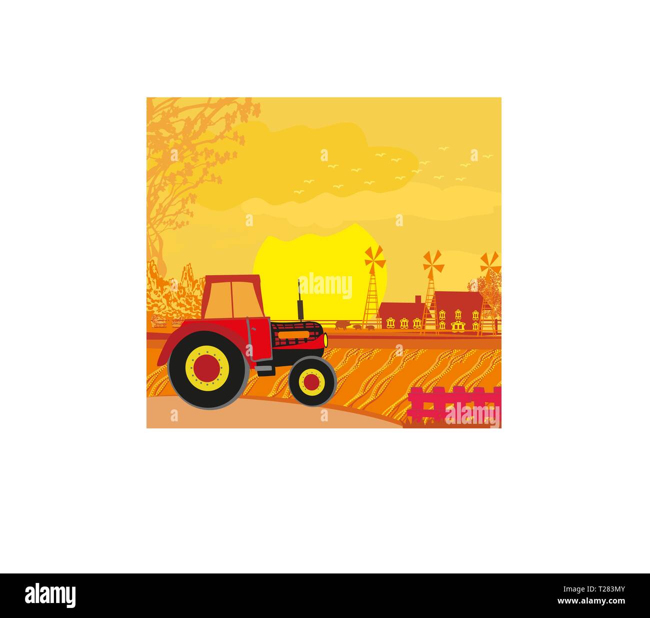 Tractor on rural landscape Stock Vector Image & Art - Alamy