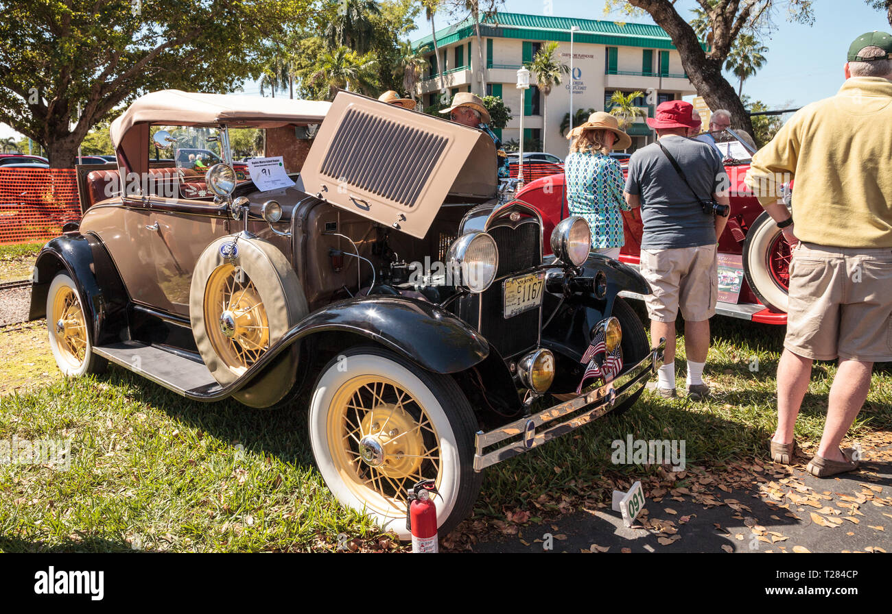 Naples, Florida, USA – March 23,2019: Tan 1931 Ford Model A Deluxe Tudor Sedan at the 32nd Annual Naples Depot Classic Car Show in Naples, Florida. Ed Stock Photo