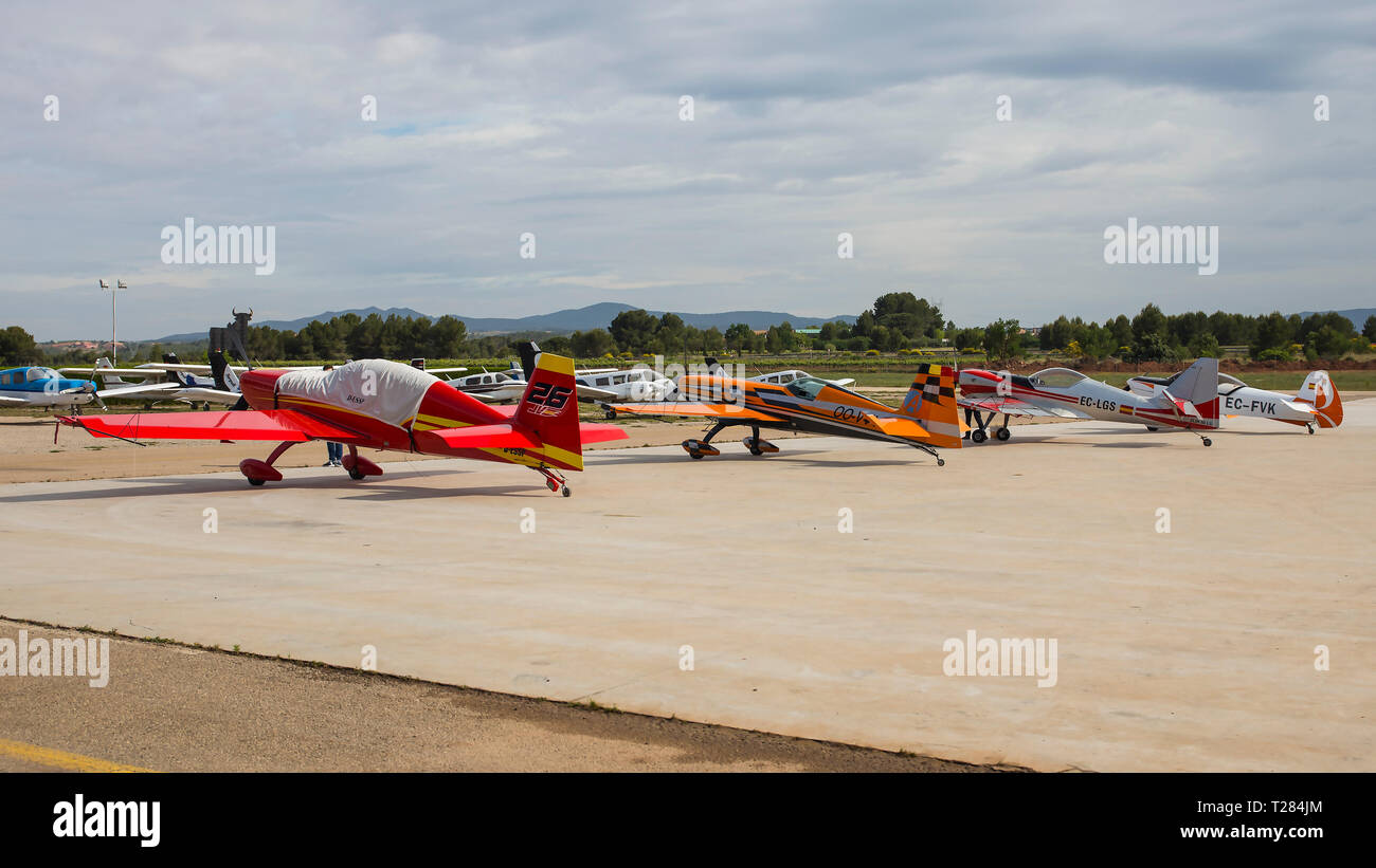 Acrobatic Spain Championship 2018, Requena (Valencia, Spain) junio 2018, Extra 330 LX, Extra 330 SC, Zlin Z-50 and Cap 10. Stock Photo
