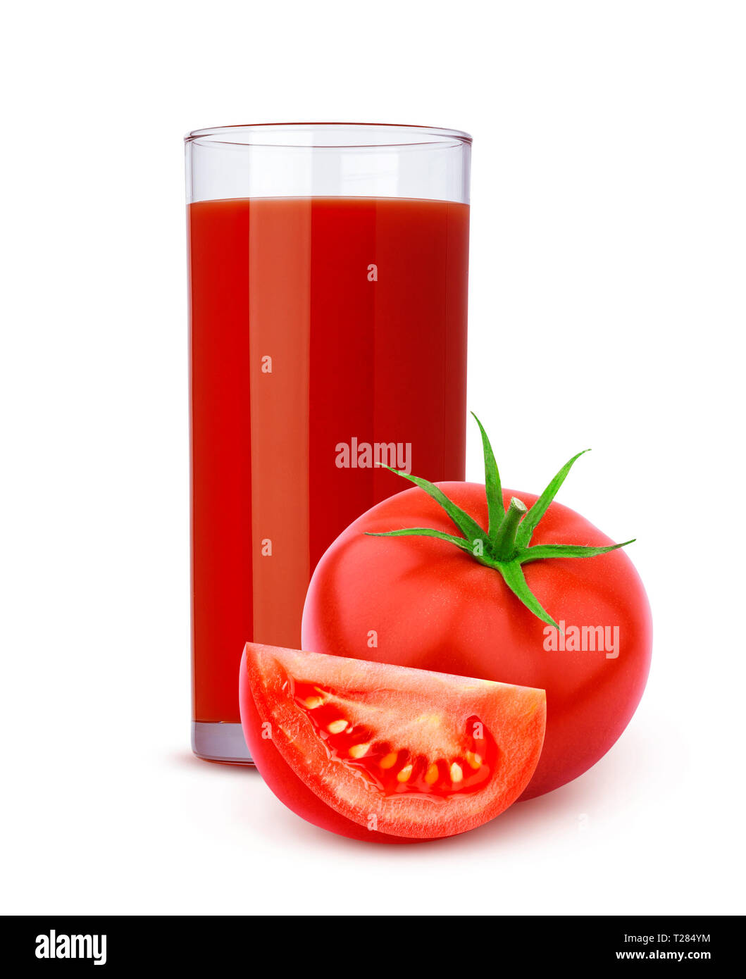 Glass of tomato juice and cut tomatoes isolated on white background with clipping path Stock Photo