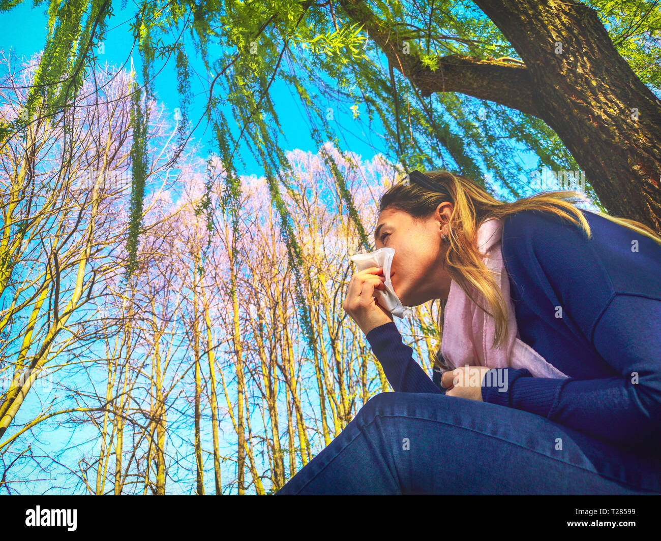 blowing nose respiratory allergic seasonal flu springtime - Hay fever pollen allergy . Stock Photo