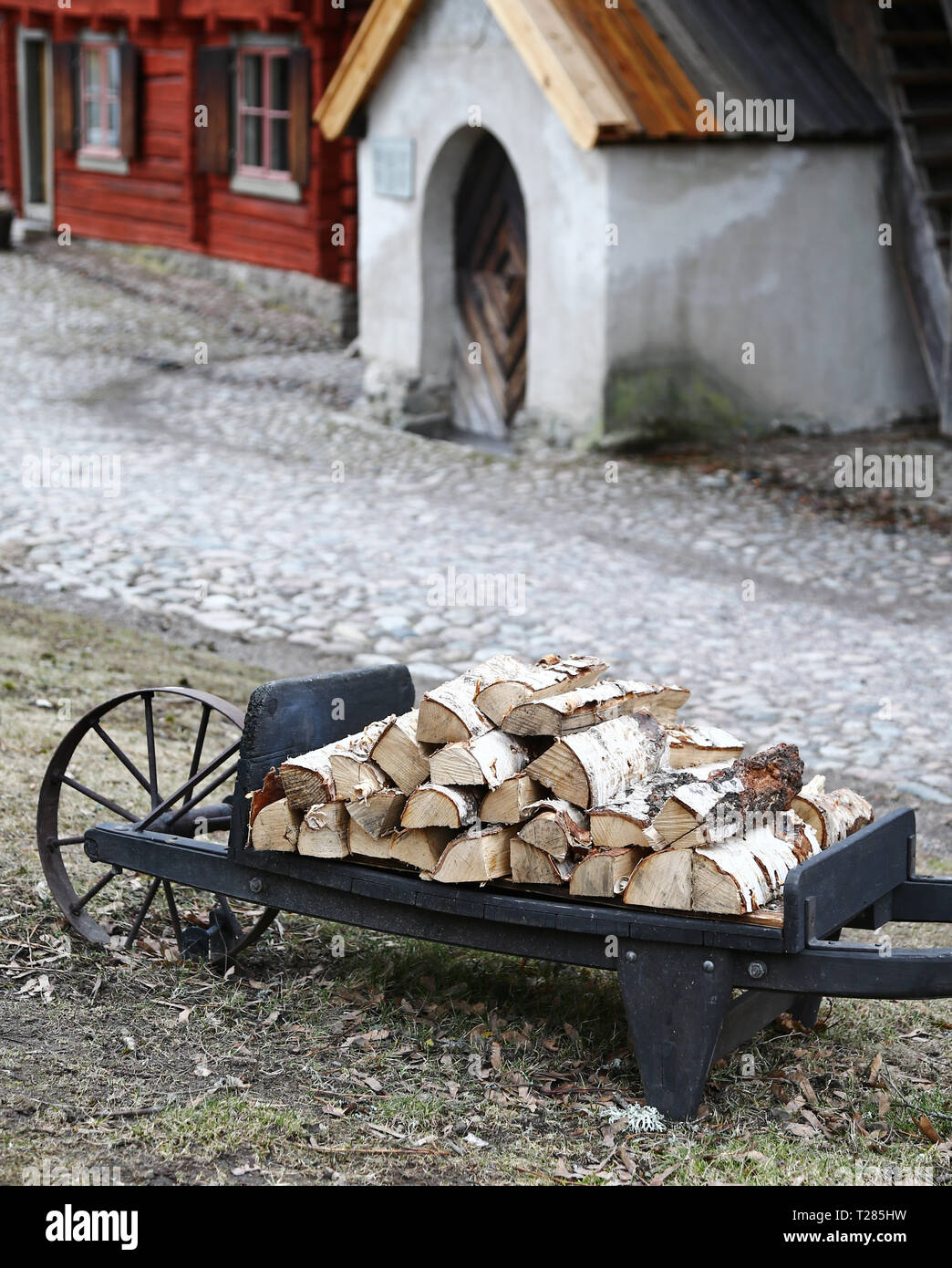 ÖREBRO 2017-03-14 Cart with firewood in Wadköping, Örebro. Photo Jeppe Gustafsson Stock Photo