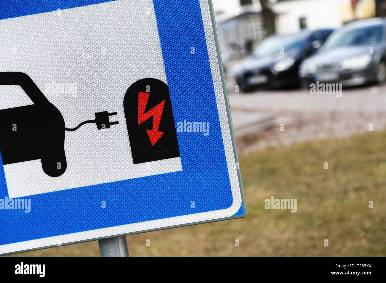 VADSTENA 2017-03-21 Symbol, at a parking lot, for charging station of electric car. Photo Jeppe Gustafsson Stock Photo