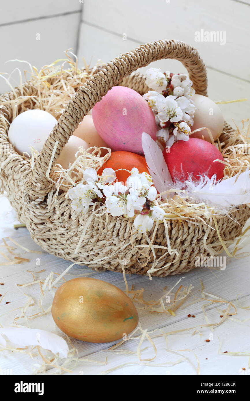 Easter still life with painted eggs and flowers on a white background ...