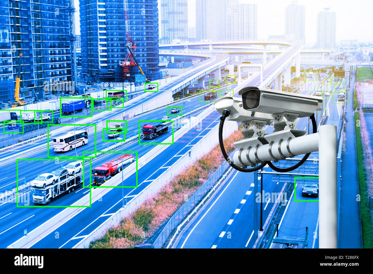 Machine learning analytics identify vehicles technology , Artificial intelligence concept. Software ui analytics and recognition cars vehicles in city Stock Photo
