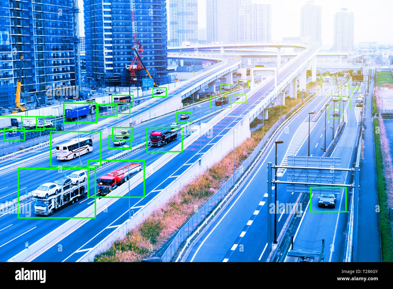 Machine learning analytics identify vehicles technology , Artificial intelligence concept. Software ui analytics and recognition cars vehicles in city Stock Photo