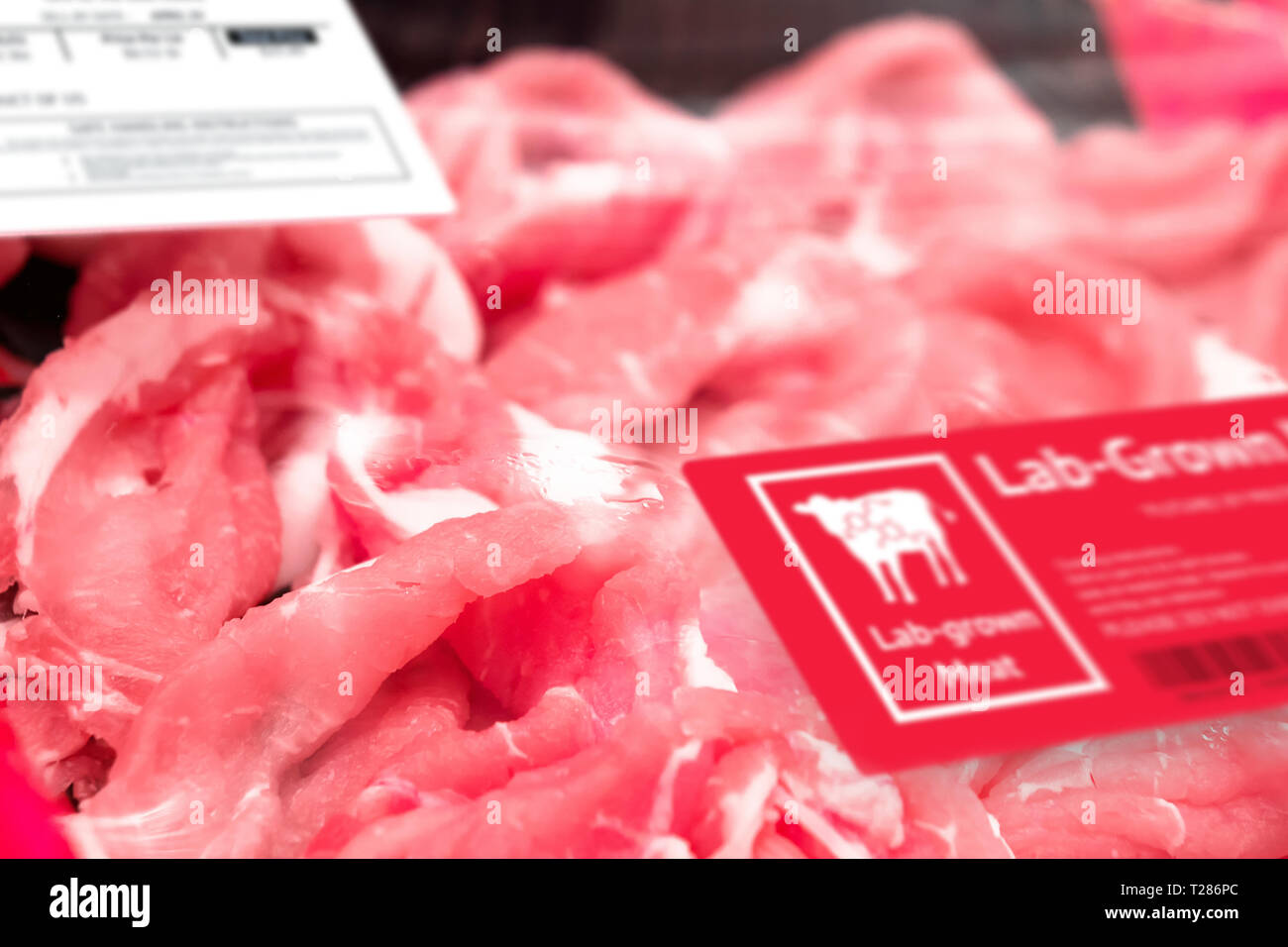 Artificial beef lab grown meat in retail supermarket emerging field of