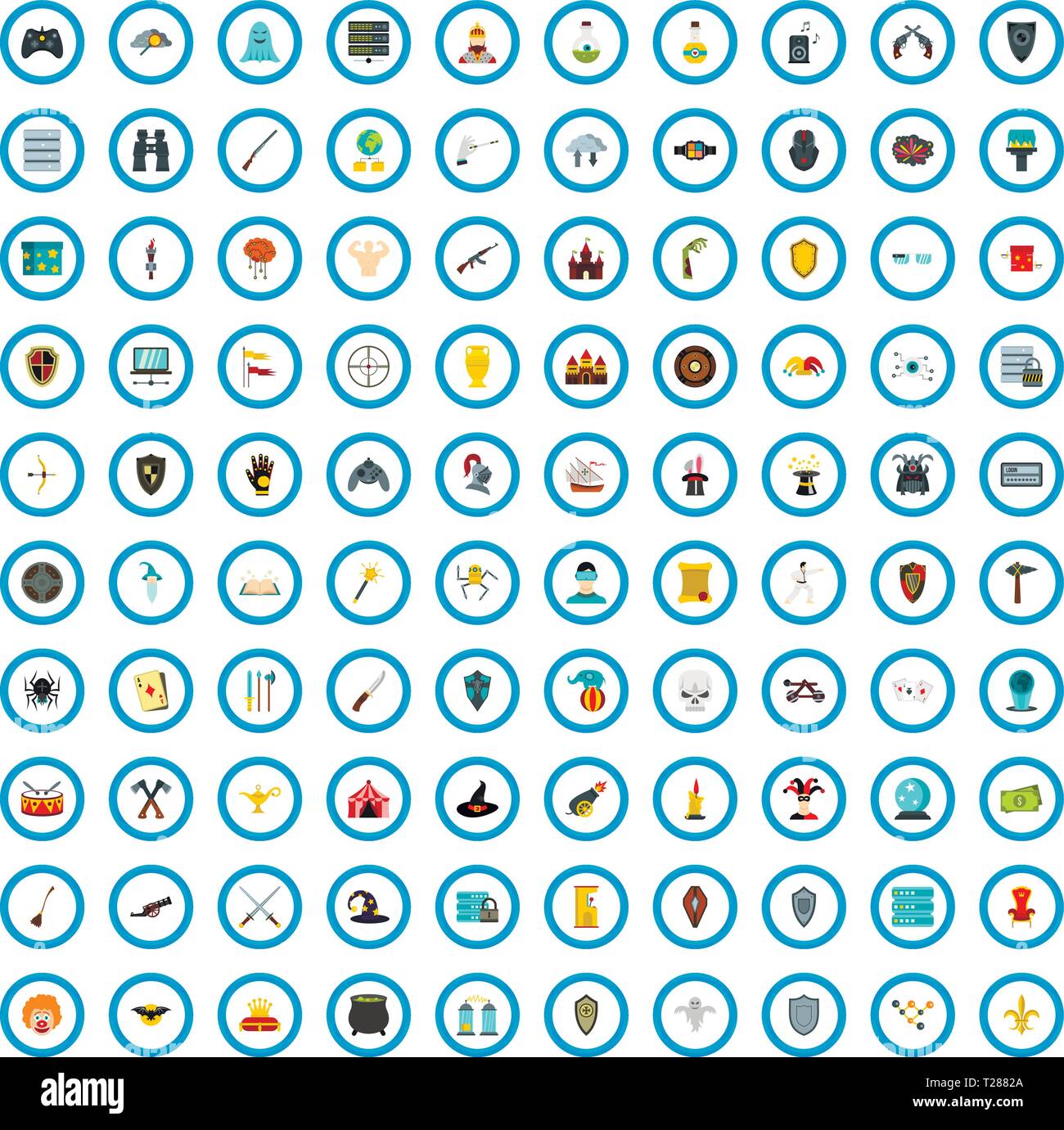 100 online game icons set, flat style Stock Vector