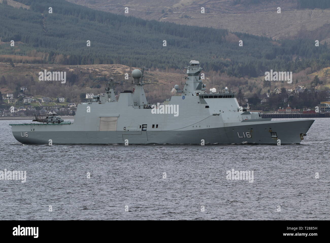 KDM Absalon (L16), an Absalon-class command and support vessel operated by the Royal Danish Navy, on her arrival for Exercise Joint Warrior 19-1. Stock Photo