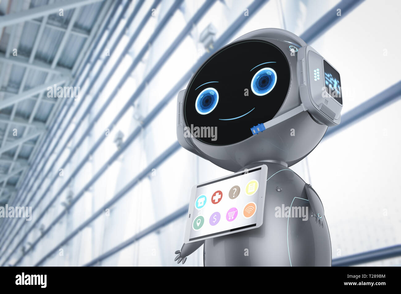 3d rendering cute assistant robot with tablet screen Stock Photo - Alamy