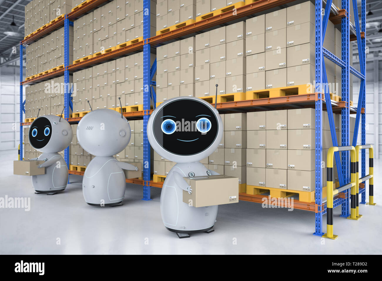 Automatic warehouse concept with 3d rendering automation robot work in ...