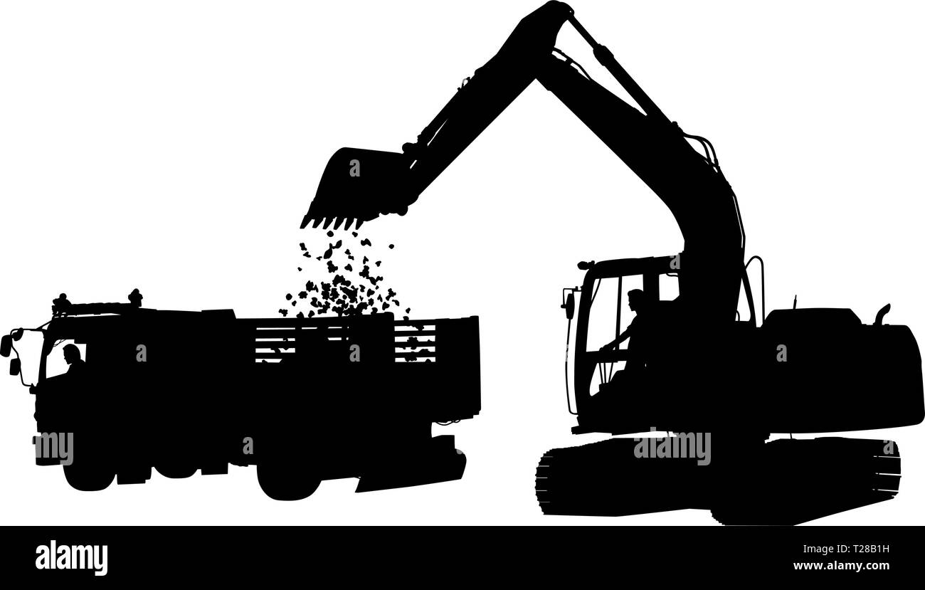 Editable vector silhouette of a digger loading soil into a truck Stock Vector