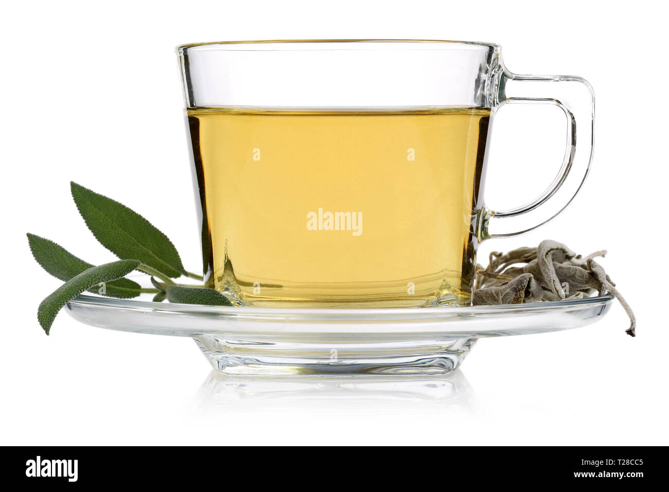 Sage tea and sage leaves isolated on white background Stock Photo - Alamy