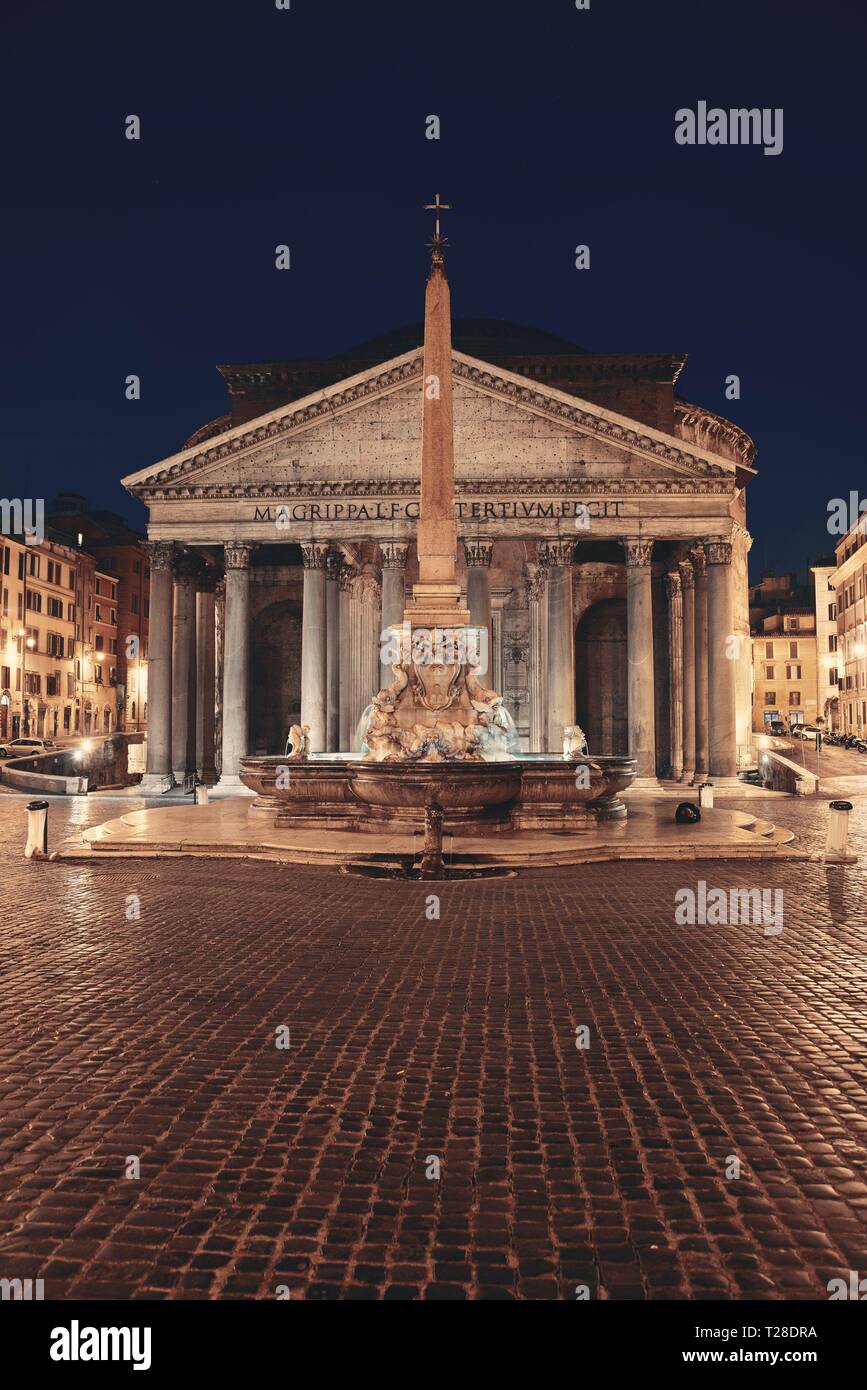 Pantheon at night street view. It is one of the best-preserved Ancient Roman buildings in Rome, Italy. Stock Photo