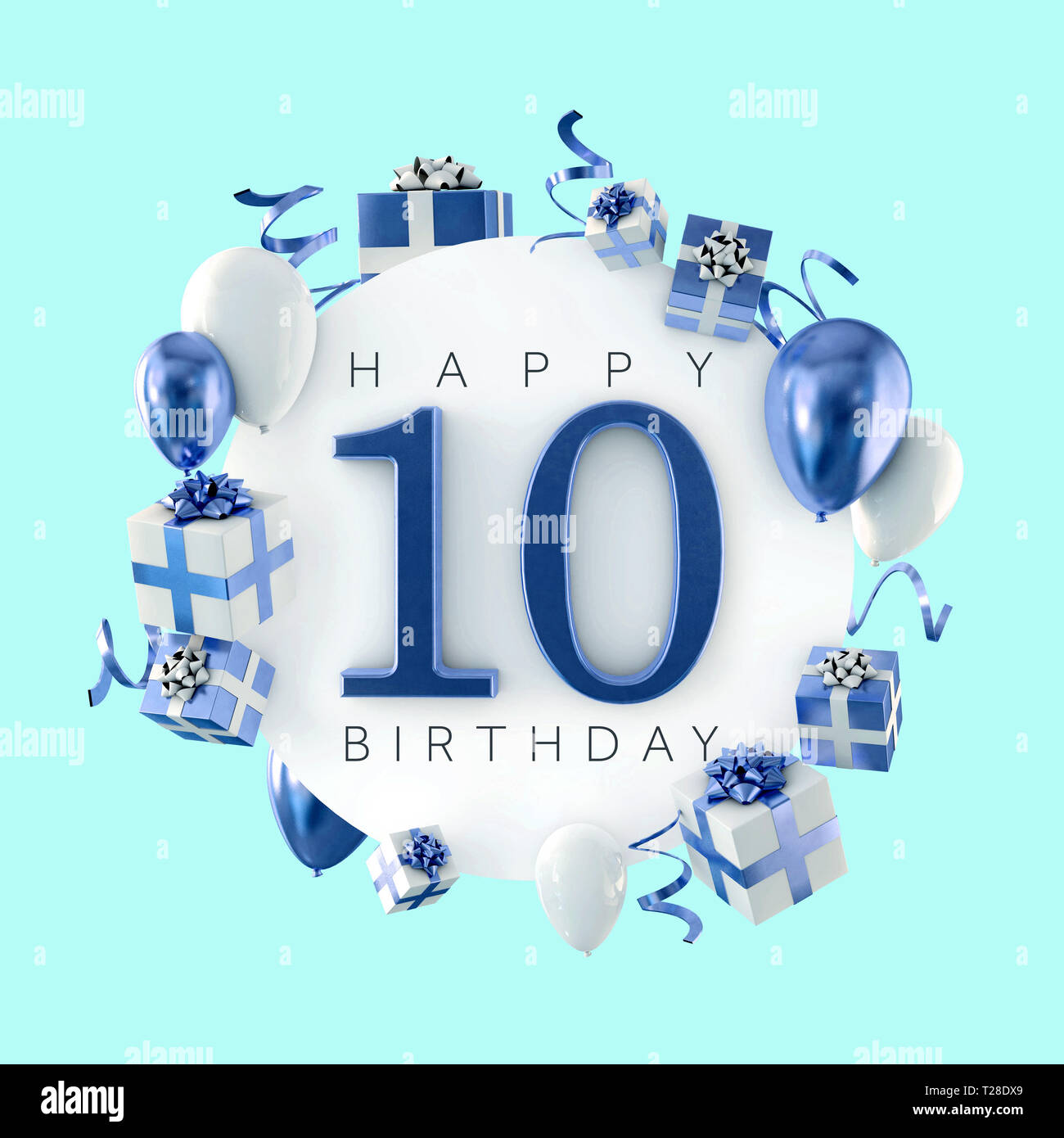 Happy 10th birthday party composition with balloons and presents. 3D Render Stock Photo - Alamy