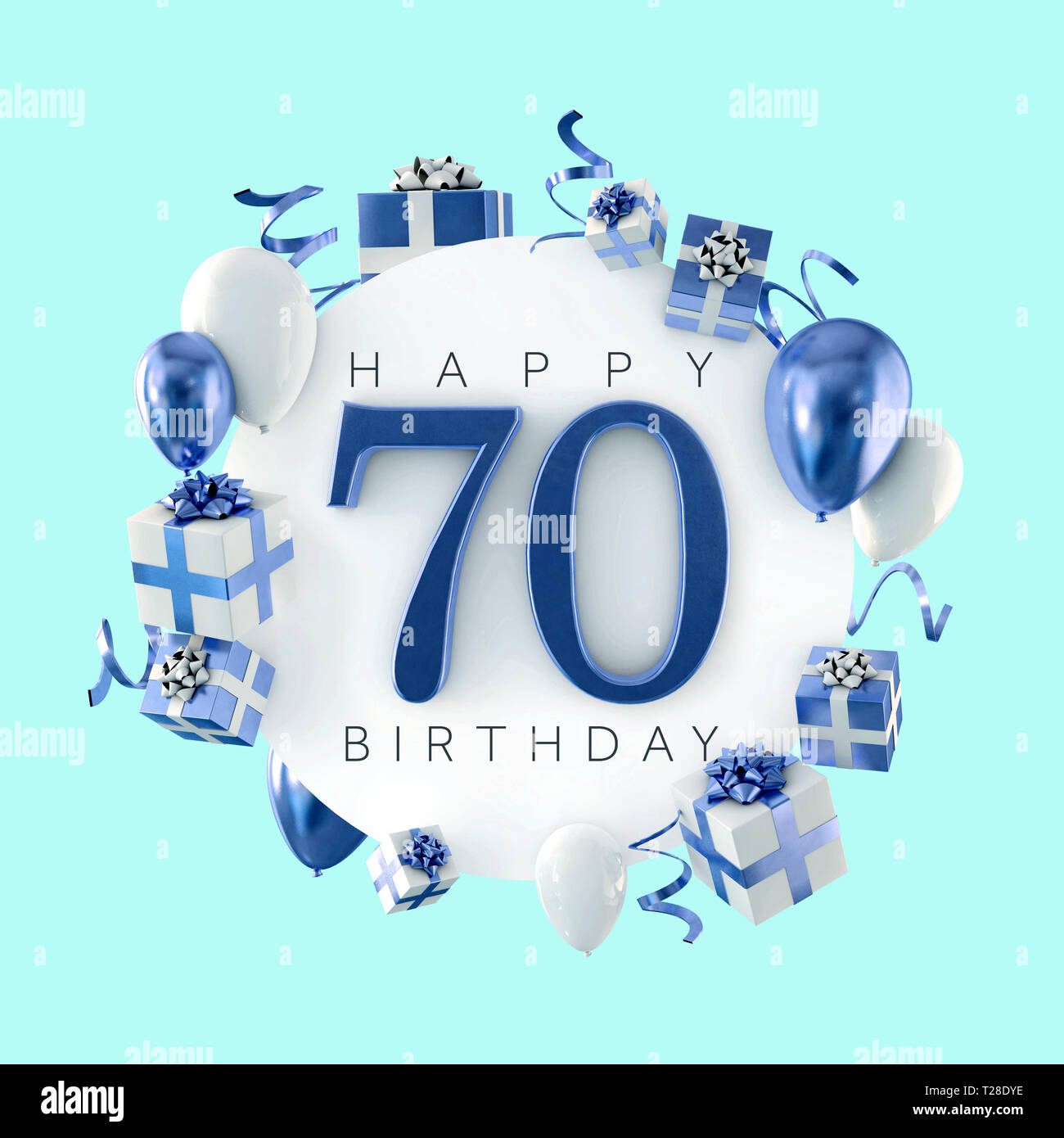 Happy 70th Birthday Party Composition With Balloons And Presents 3d Render Stock Photo Alamy