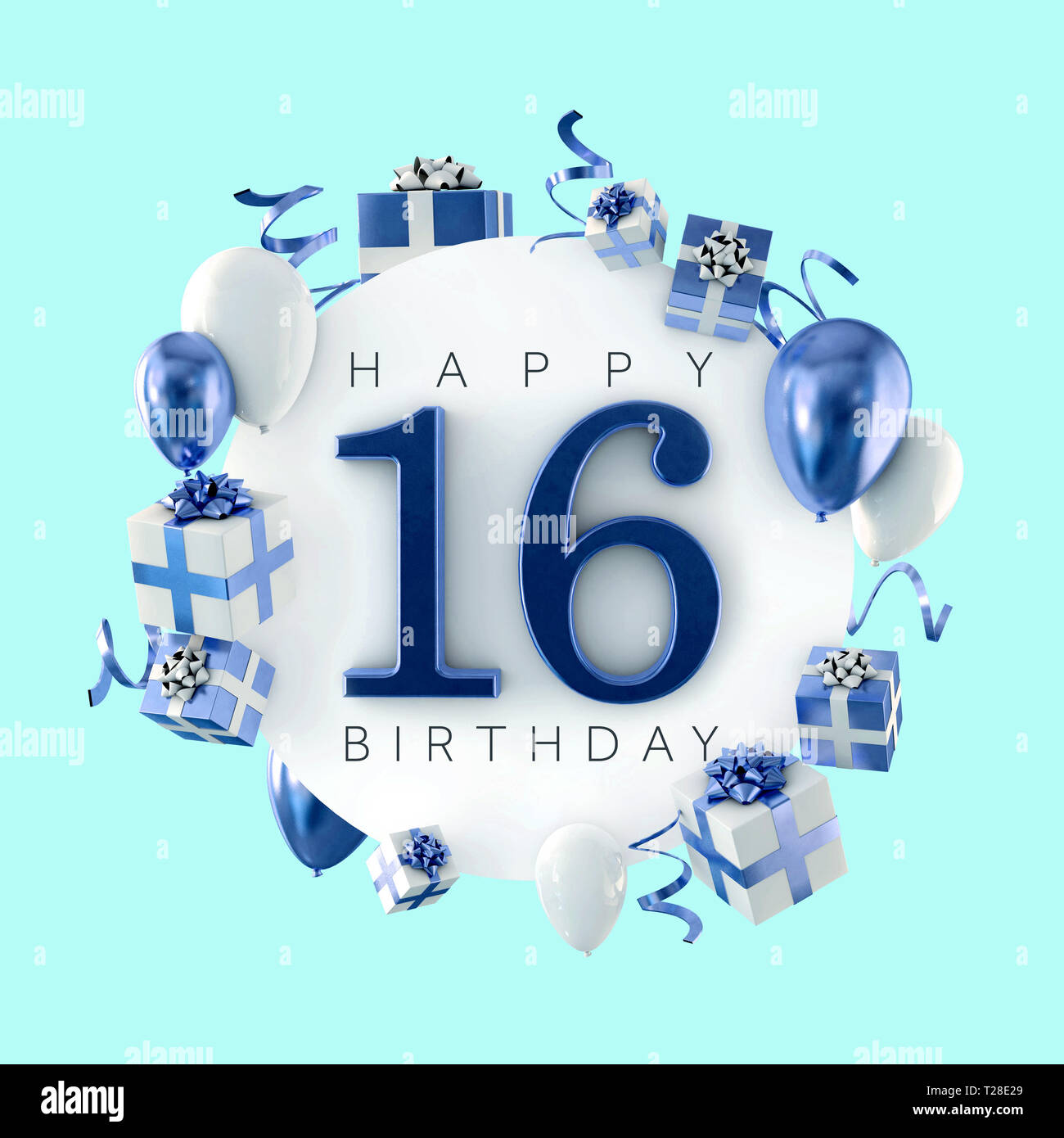 Happy 16th birthday party composition with balloons and presents. 3D Render Stock Photo - Alamy