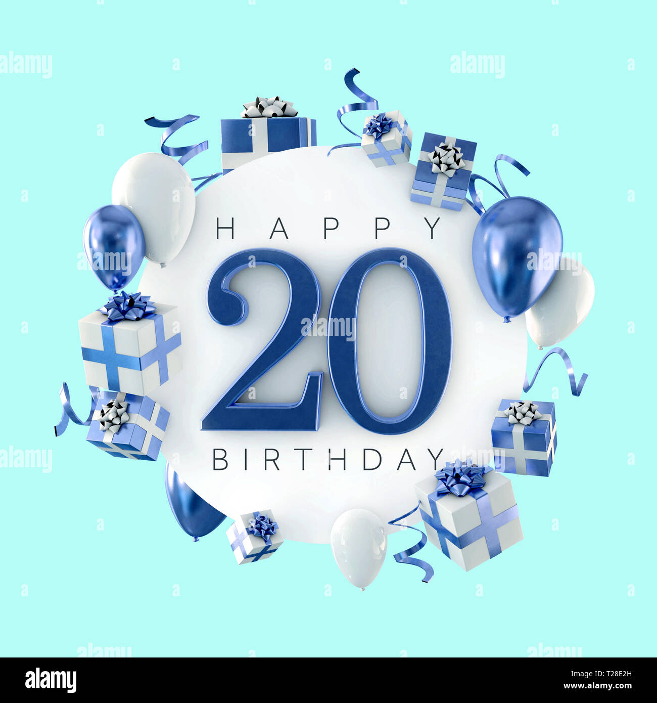 Happy 20th birthday party composition with balloons and presents. 3D Render Stock Photo