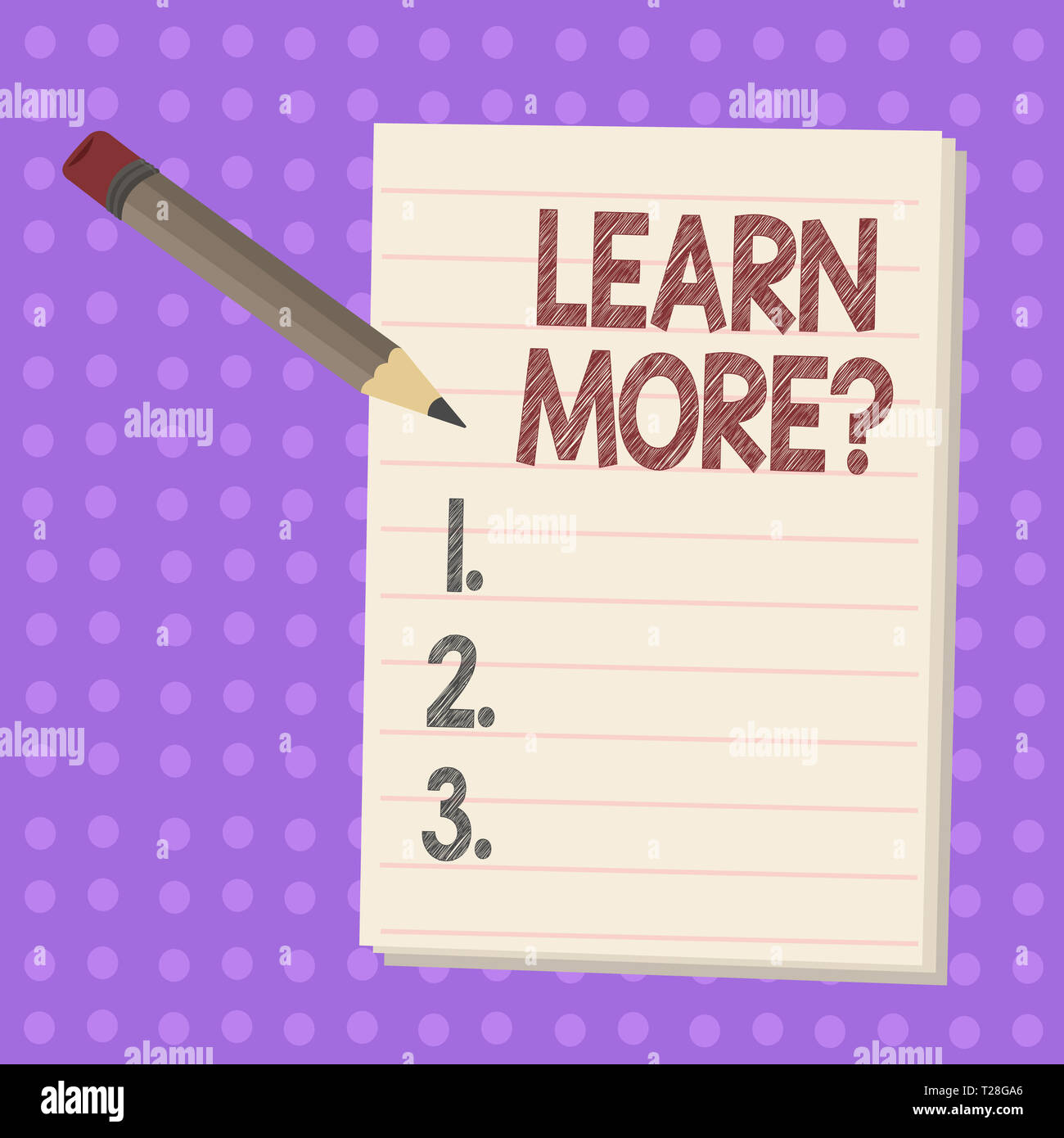 Writing note showing Learn More question. Business concept for gain knowledge or skill by studying or practicing Pencil with Eraser and Pad on Two Ton Stock Photo