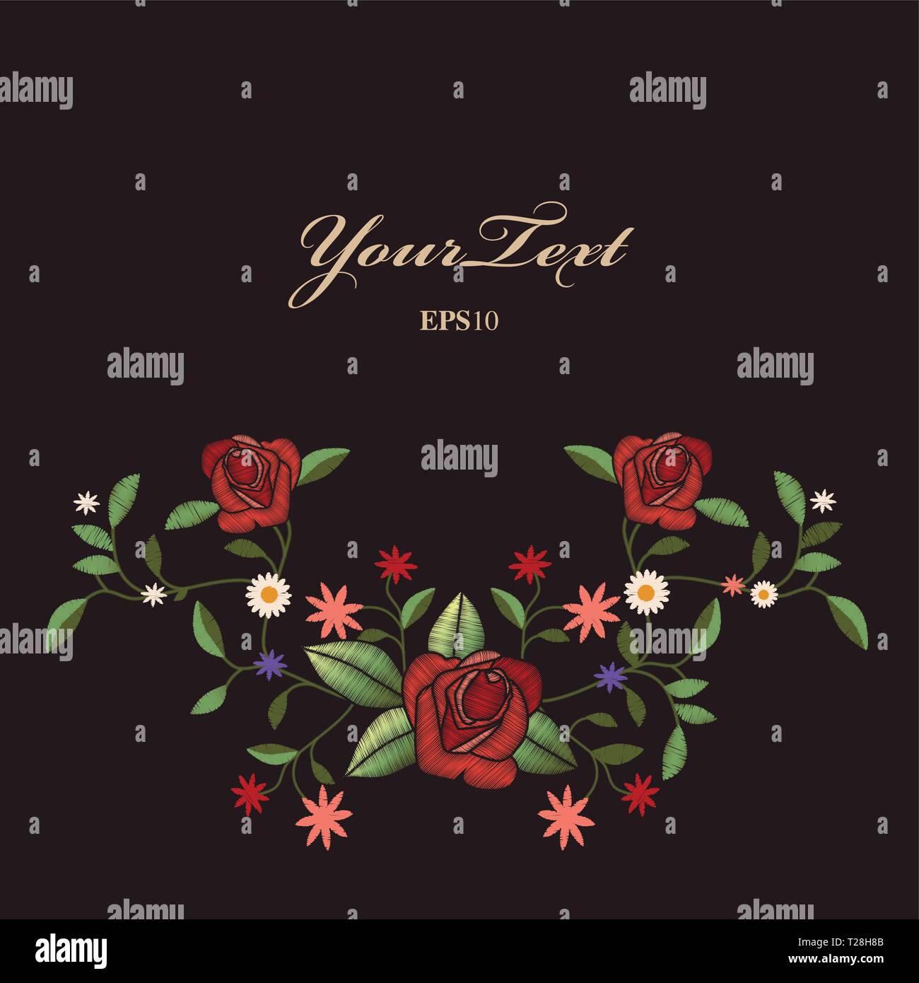 Embroidered flowers on black background. Vintage style. Space for text or design. Stock Vector