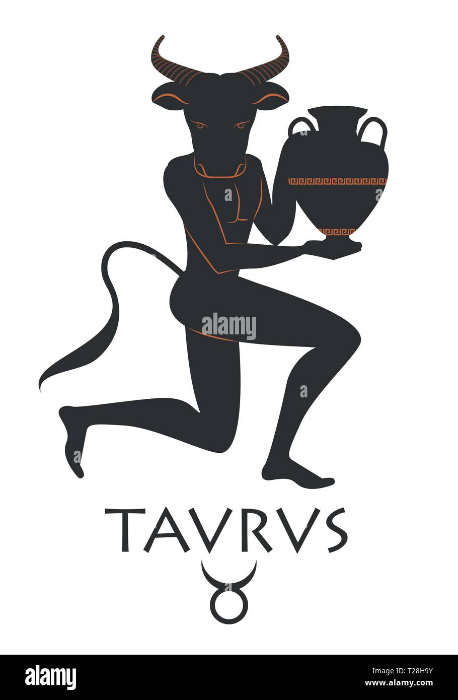 Zodiac in the style of Ancient Greece. Taurus. Black figure of man with head of bull, horns and tail, knee in earth carrying an amphora. Isolated on w Stock Vector