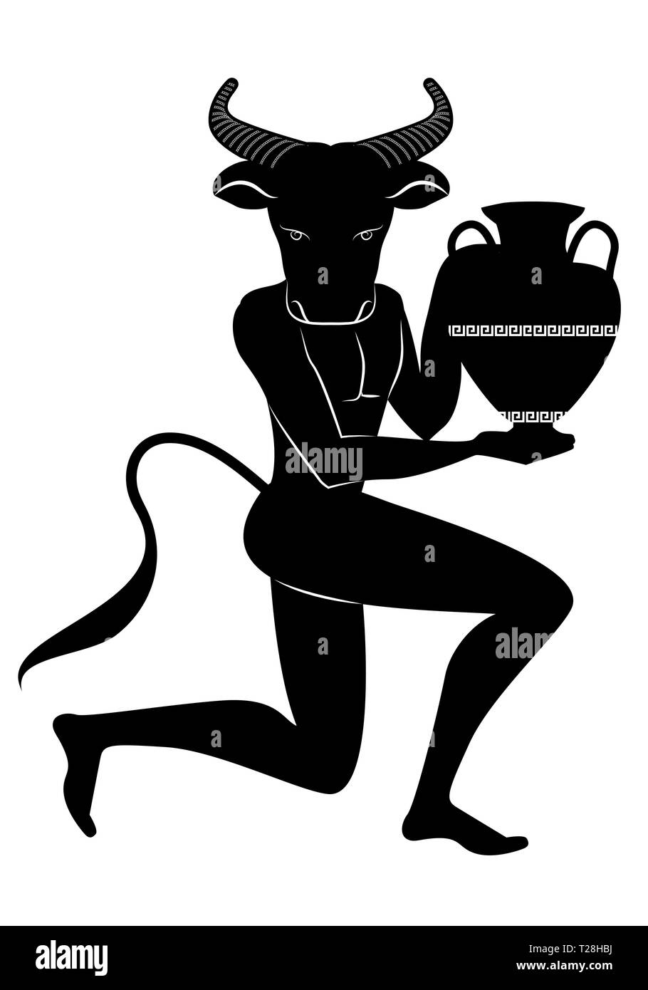 Zodiac in the style of Ancient Greece. Taurus. Black figure of man with head of bull, horns and tail, knee in earth carrying an amphora. Isolated on w Stock Vector