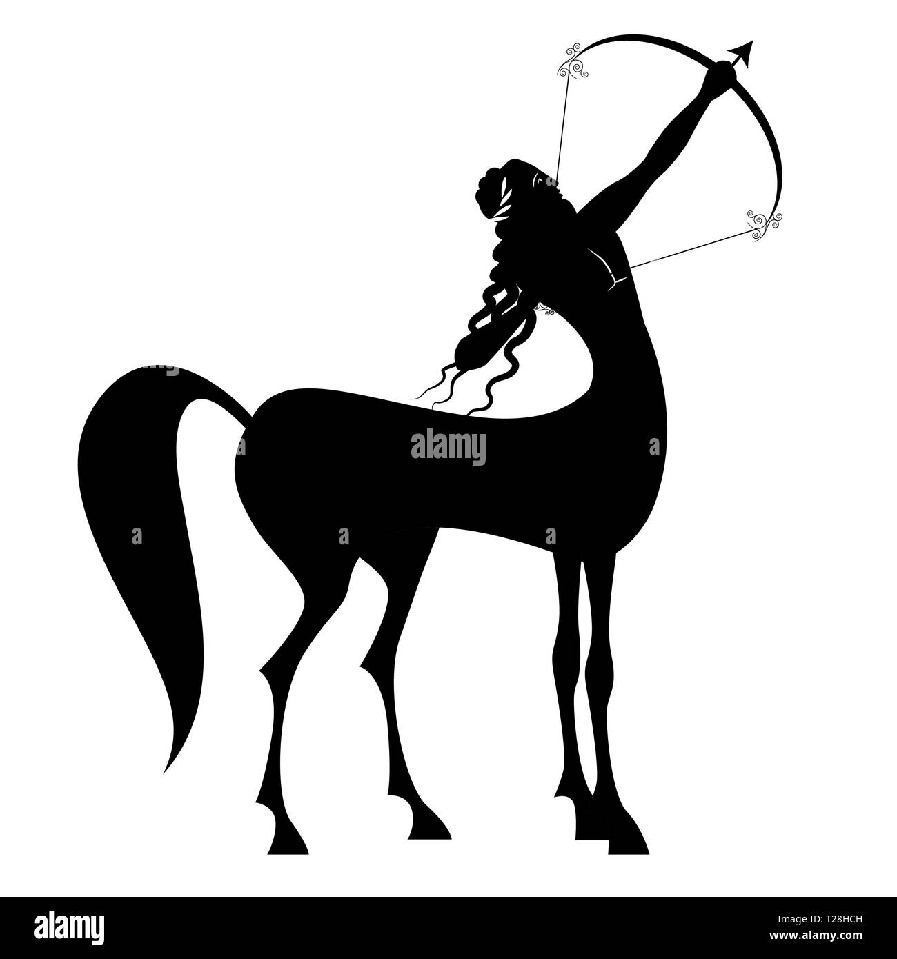 Zodiac in the style of Ancient Greece. Sagittarius. Black figure representing a centaur with long hair and laurel wreath, tensing a bow to shoot an ar Stock Vector