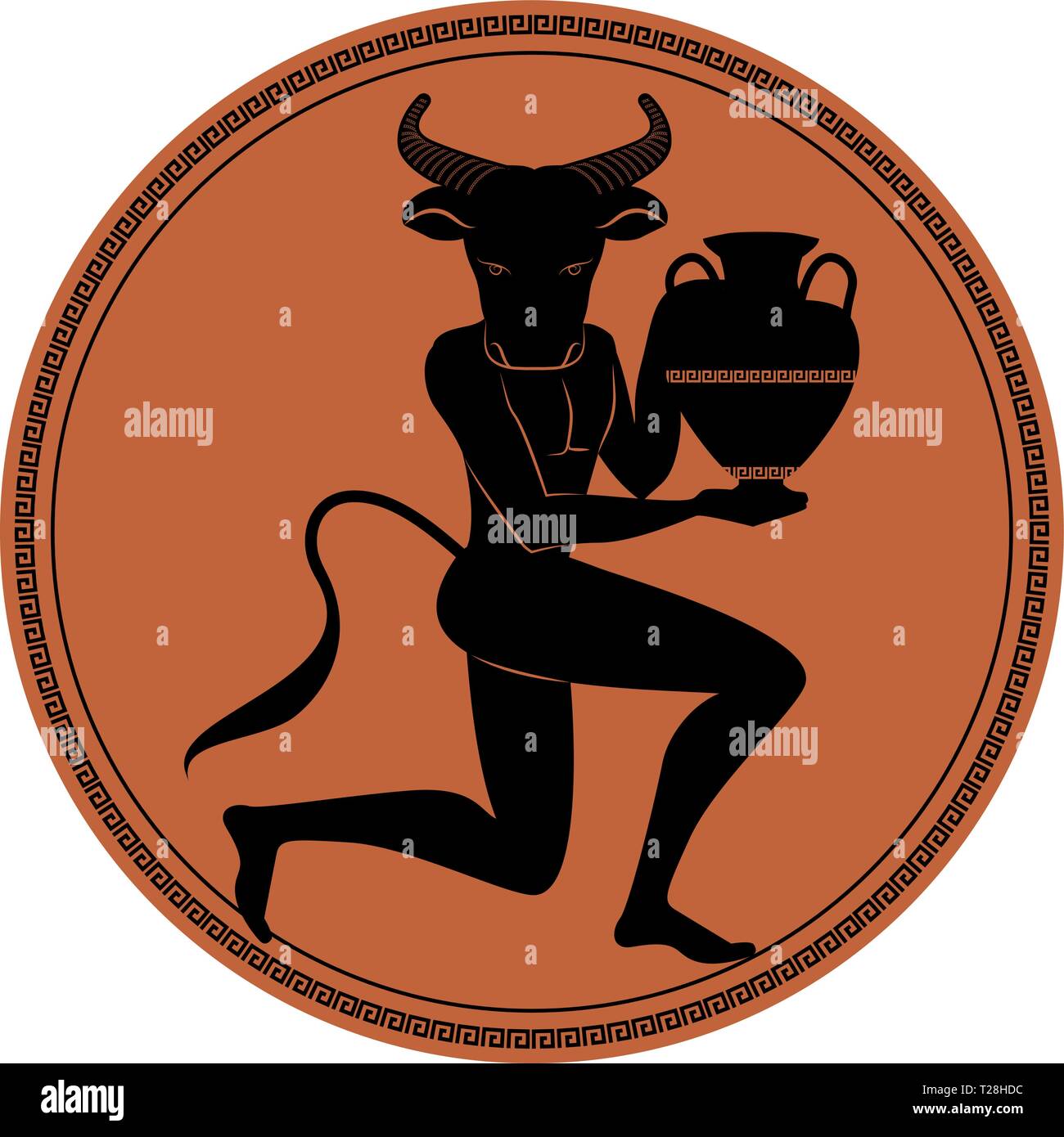 Zodiac in the style of Ancient Greece. Taurus. Black figure of man with head of bull, horns and tail, knee in earth carrying an amphora. Black figure  Stock Vector