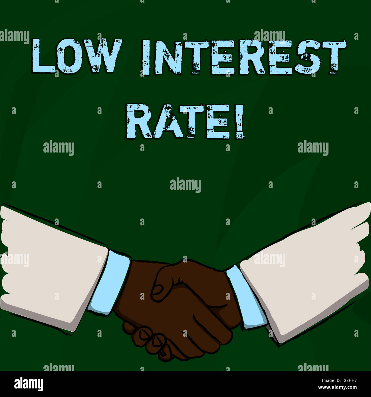 Word writing text Low Interest Rate. Business photo showcasing Manage money wisely pay lesser rates save higher Businessmen Shaking Hands Firmly as Ge Stock Photo