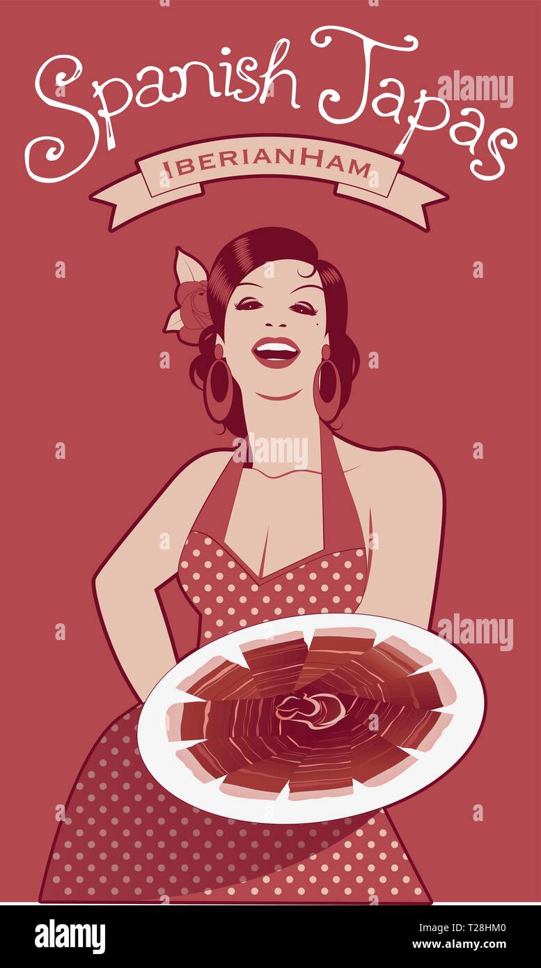 Beautiful Spanish cook showing a plate of Iberian ham. She wears a polka-dot dress or apron and a flower in her hair. Stock Vector